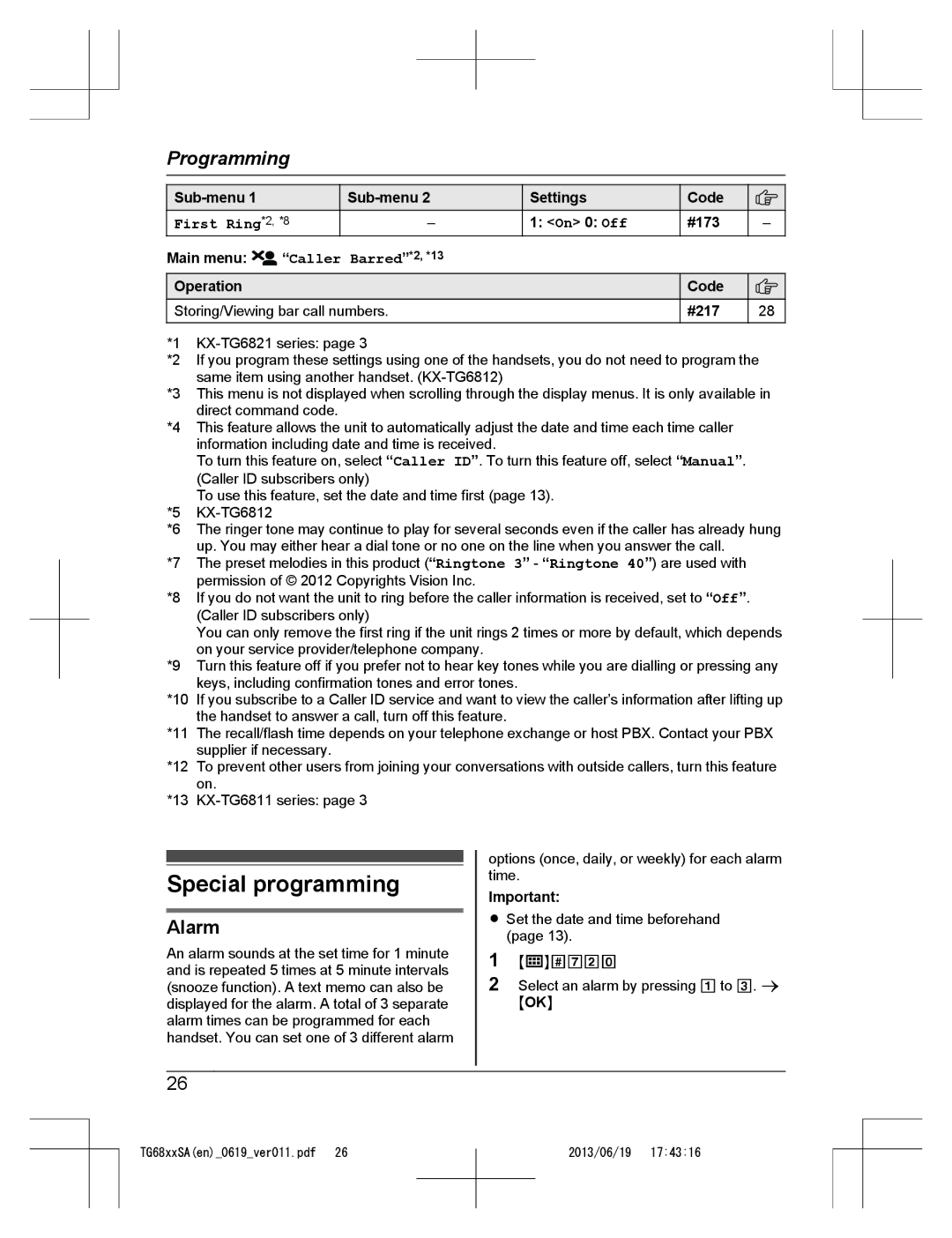 Panasonic KX-TG6821SA, KX-TG6812SA, KX-TG6811SA Special programming, Alarm, On 0 Off #173 Main menu, Caller Barred*2, *13 