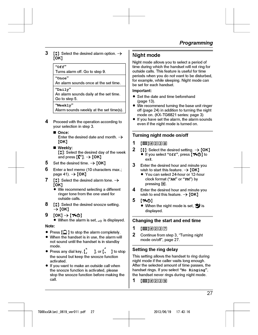 Panasonic KX-TG6812SA Night mode, Turning night mode on/off, Changing the start and end time, Setting the ring delay, Off 