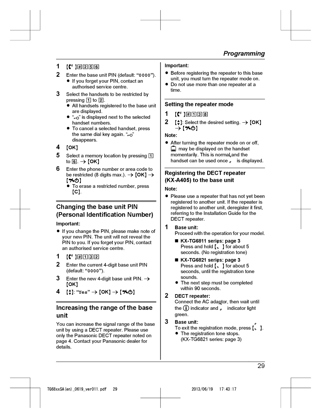 Panasonic KX-TG6821SA Changing the base unit PIN Personal Identification Number, Increasing the range of the base unit 