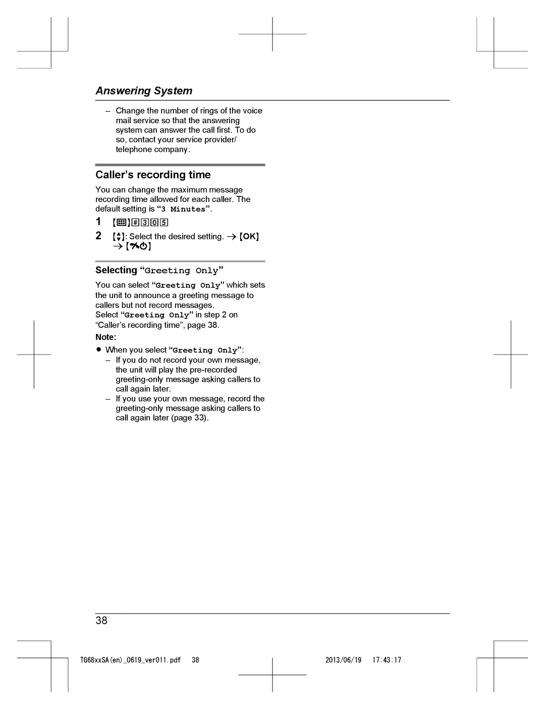 Panasonic KX-TG6821SA, KX-TG6812SA, KX-TG6811SA operating instructions Caller’s recording time, Selecting Greeting Only 