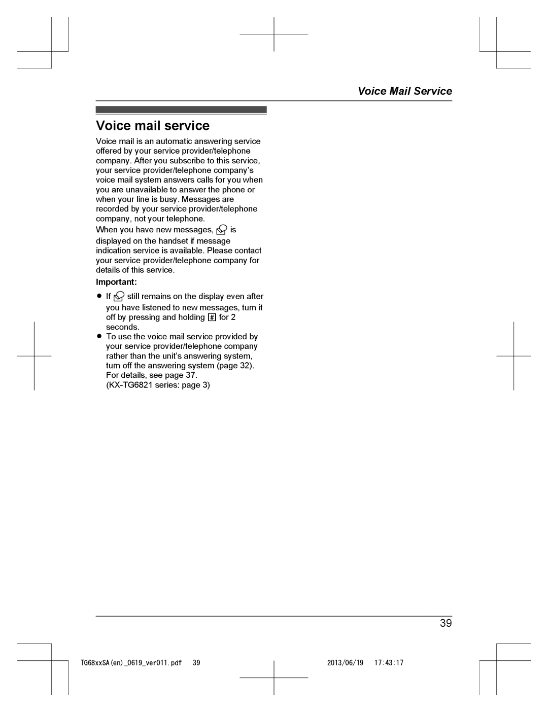 Panasonic KX-TG6812SA, KX-TG6811SA, KX-TG6821SA operating instructions Voice mail service 