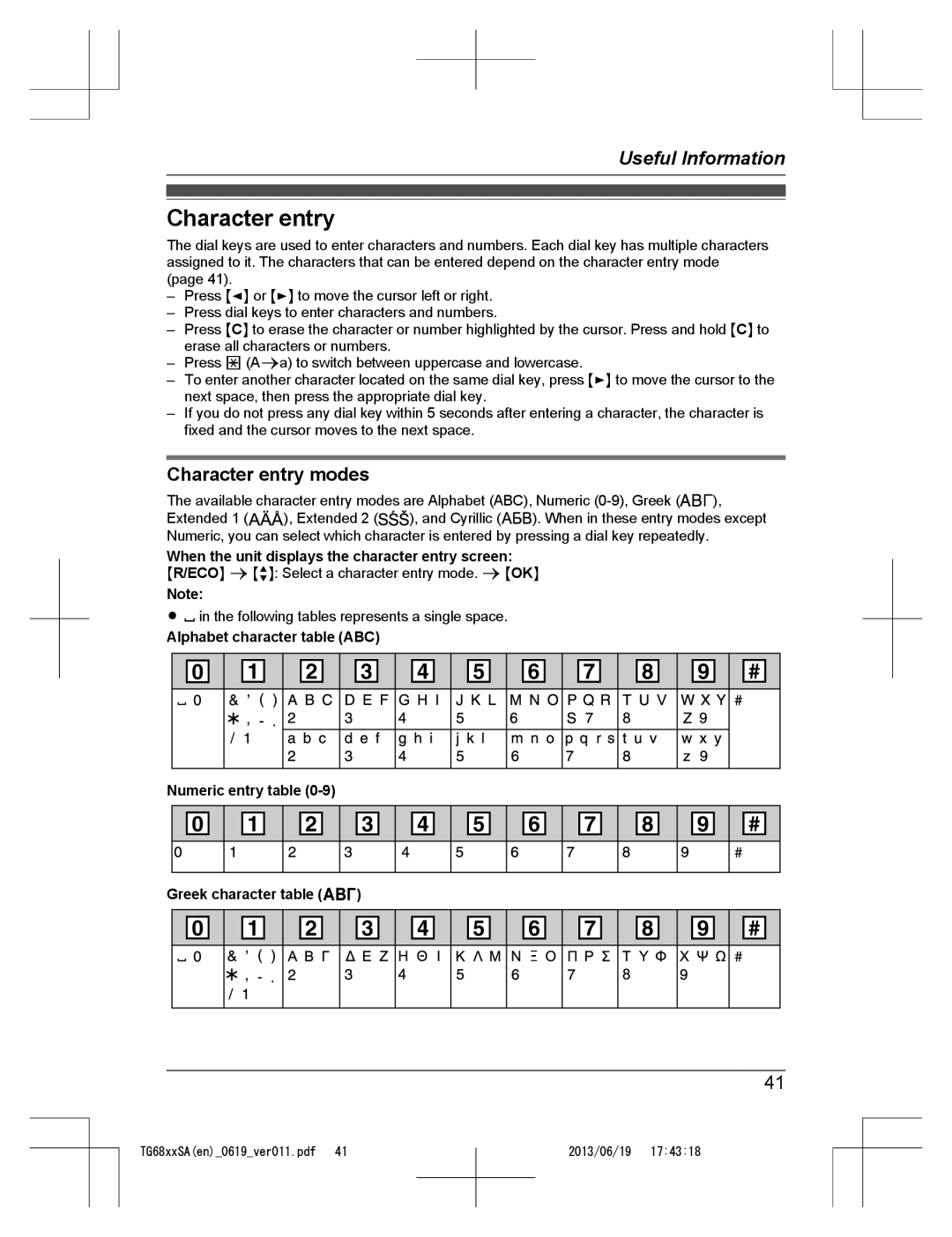 Panasonic KX-TG6821SA, KX-TG6812SA, KX-TG6811SA operating instructions Character entry modes 