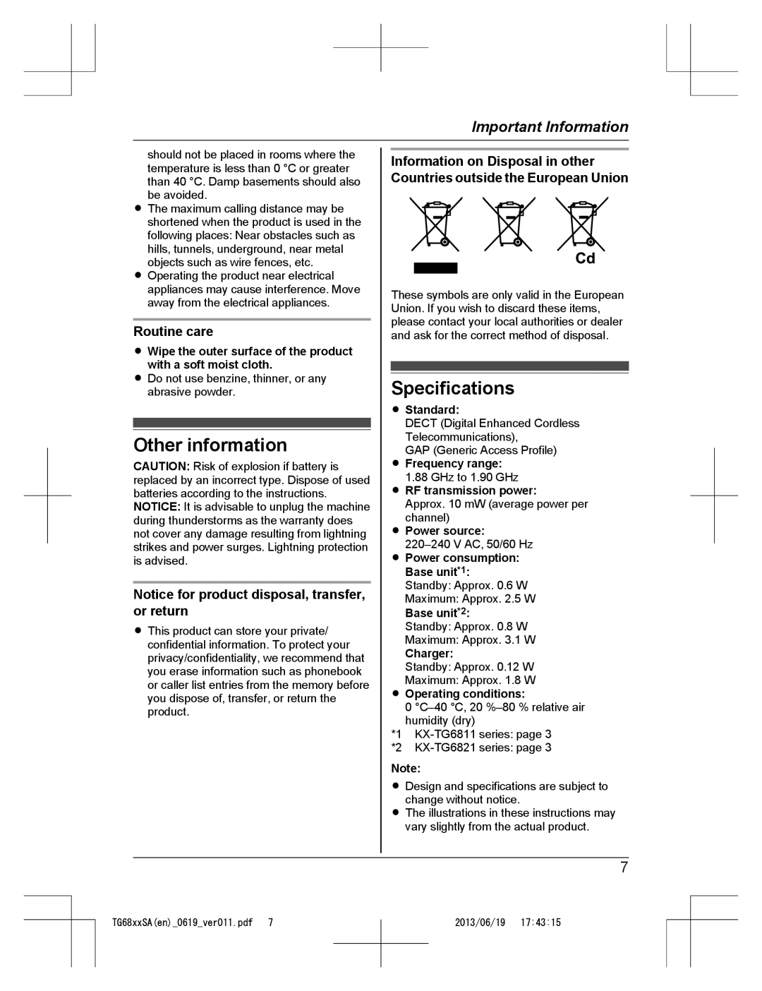 Panasonic KX-TG6811SA, KX-TG6812SA, KX-TG6821SA operating instructions Other information, Specifications, Routine care 