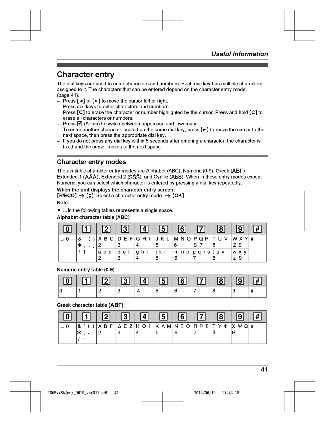 Panasonic KX-TG6821SA z 1 2 3 4 5 6 7 8 9 y, Useful Information, Character entry modes, Alphabet character table ABC 