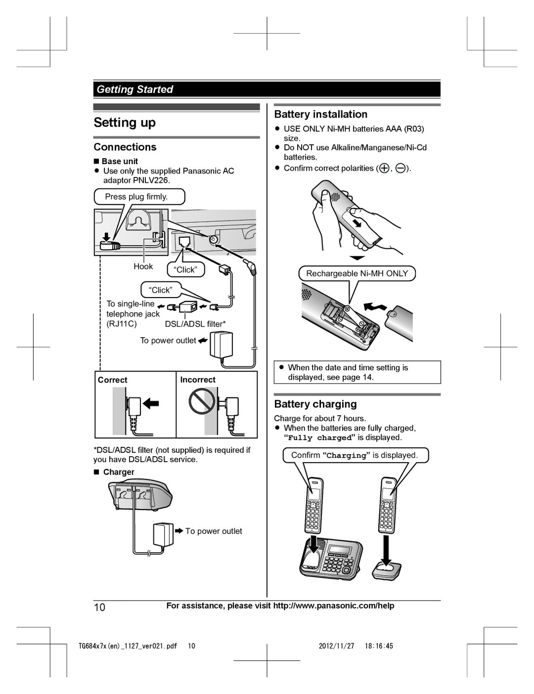 Panasonic KX-TG6844, KX-TG6873 Setting up, Connections, Battery installation, Battery charging, Correct Incorrect 