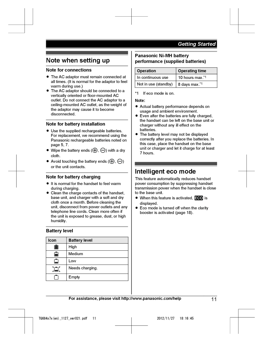 Panasonic KX-TG6843, KX-TG6873, KX-TG6872, KX-TG6842 Intelligent eco mode, Icon Battery level, Operation Operating time 