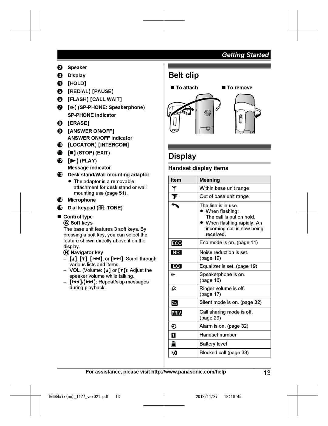 Panasonic KX-TG6872, KX-TG6873, KX-TG6842, KX-TG6845, KX-TG6844, KX-TG6843 Belt clip, Display, Handset display items 