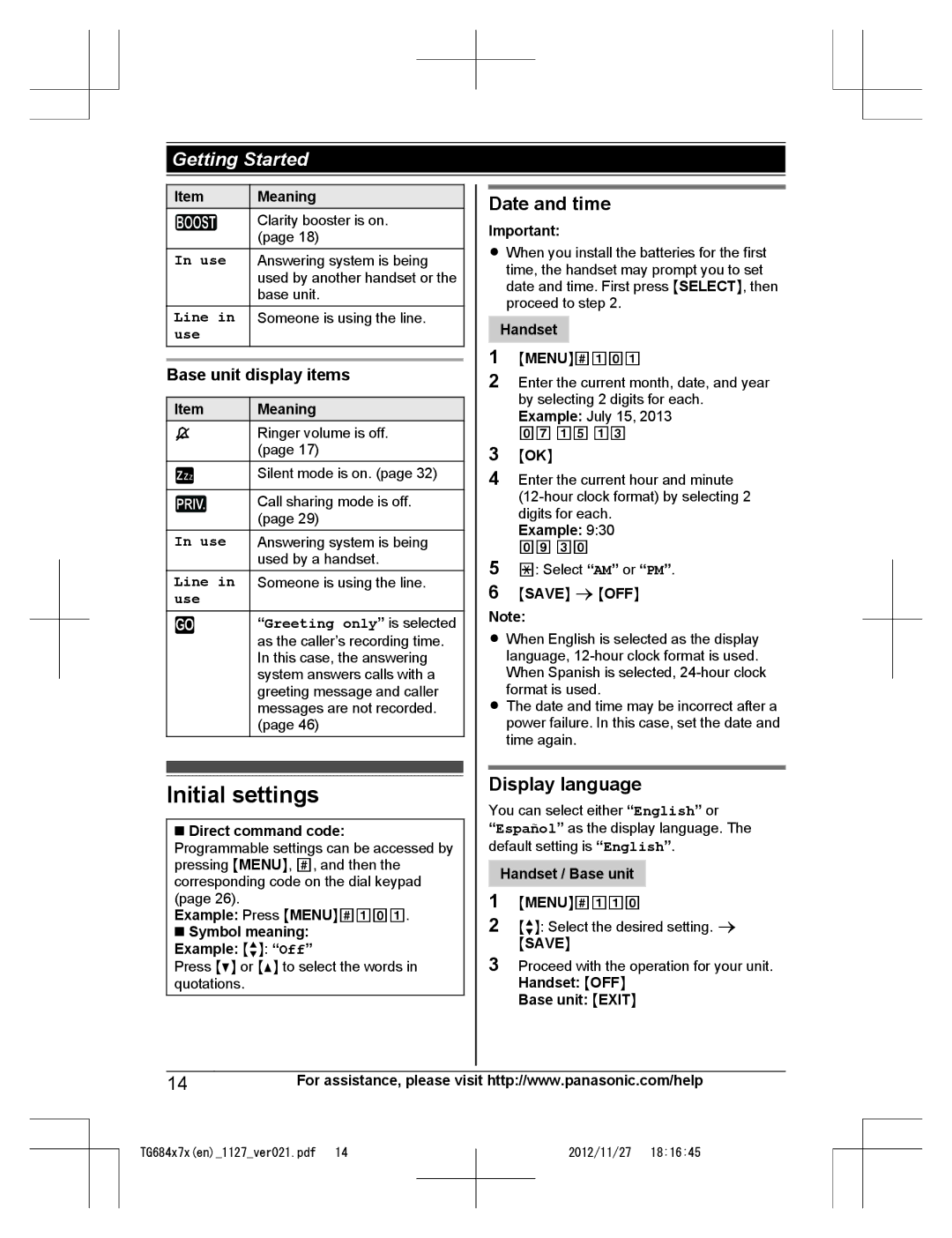 Panasonic KX-TG6842, KX-TG6873, KX-TG6872 Initial settings, Date and time, Display language, Base unit display items 