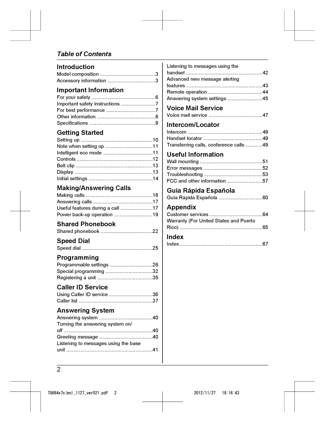 Panasonic KX-TG6842, KX-TG6873, KX-TG6872, KX-TG6845, KX-TG6844, KX-TG6843 operating instructions Table of Contents 