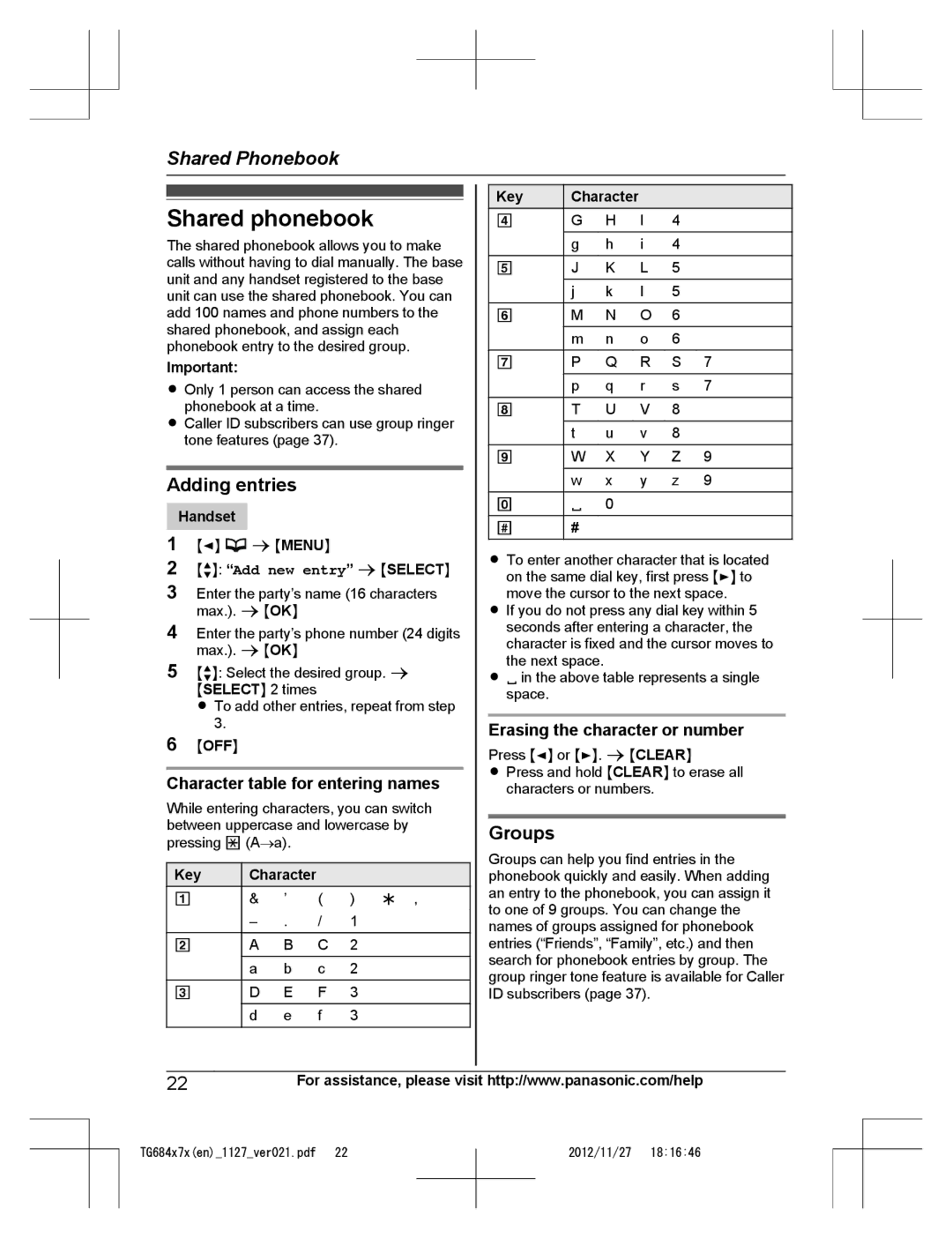 Panasonic KX-TG6844 Shared phonebook, Groups, Character table for entering names, Erasing the character or number 