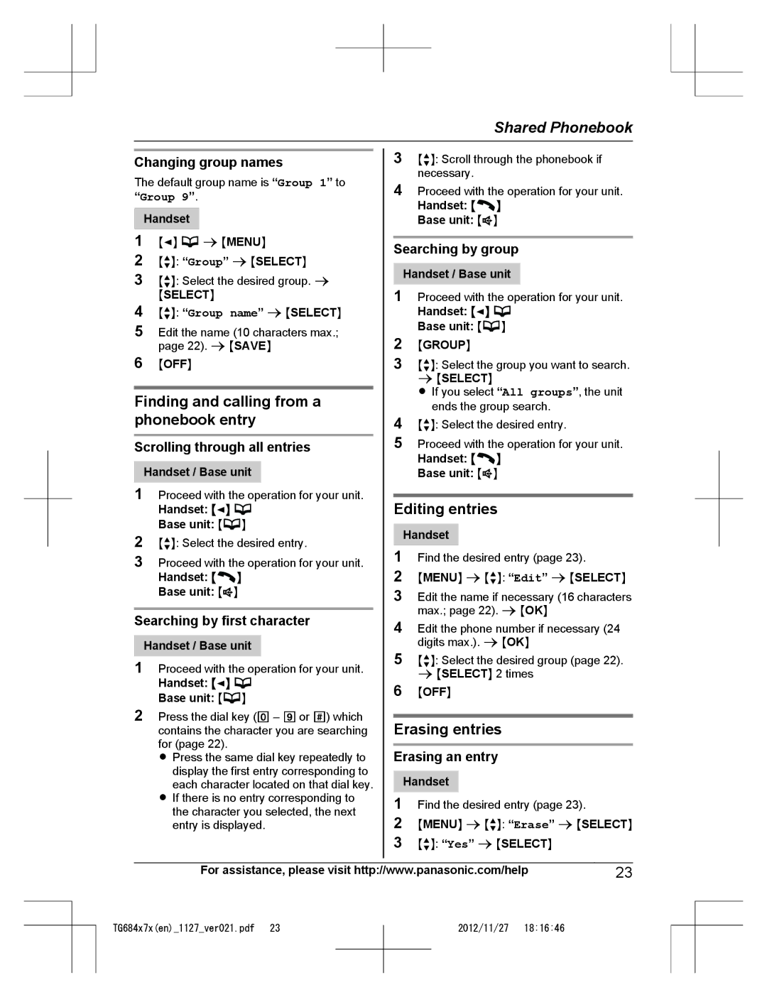 Panasonic KX-TG6843, KX-TG6873, KX-TG6872 Finding and calling from a phonebook entry, Editing entries, Erasing entries 