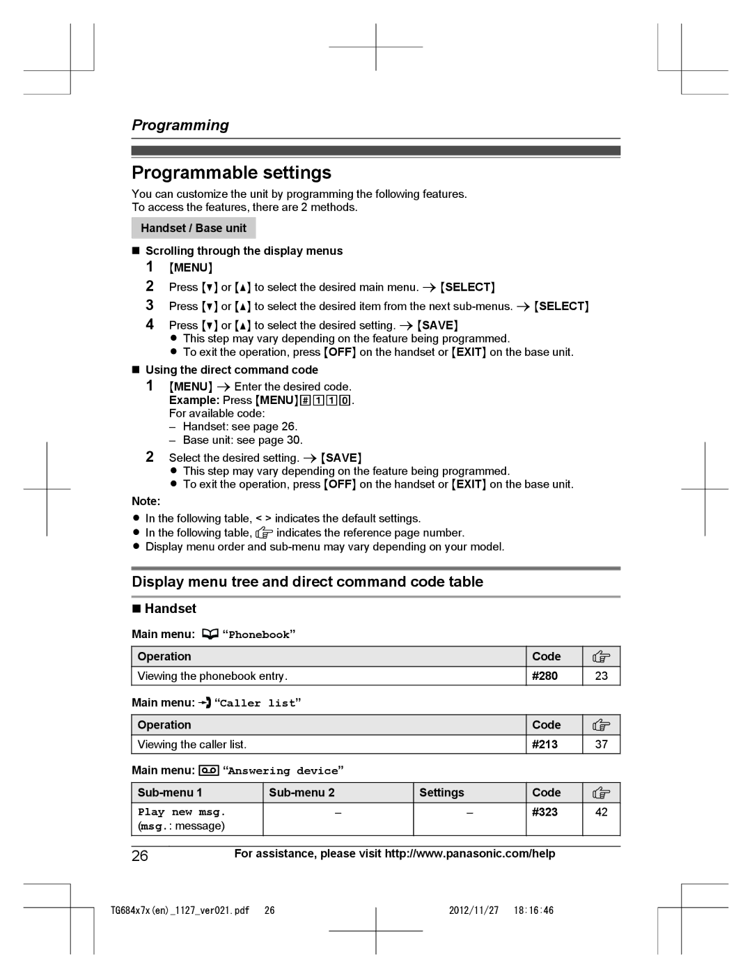 Panasonic KX-TG6842 Programmable settings, Display menu tree and direct command code table, Handset, Play new msg 