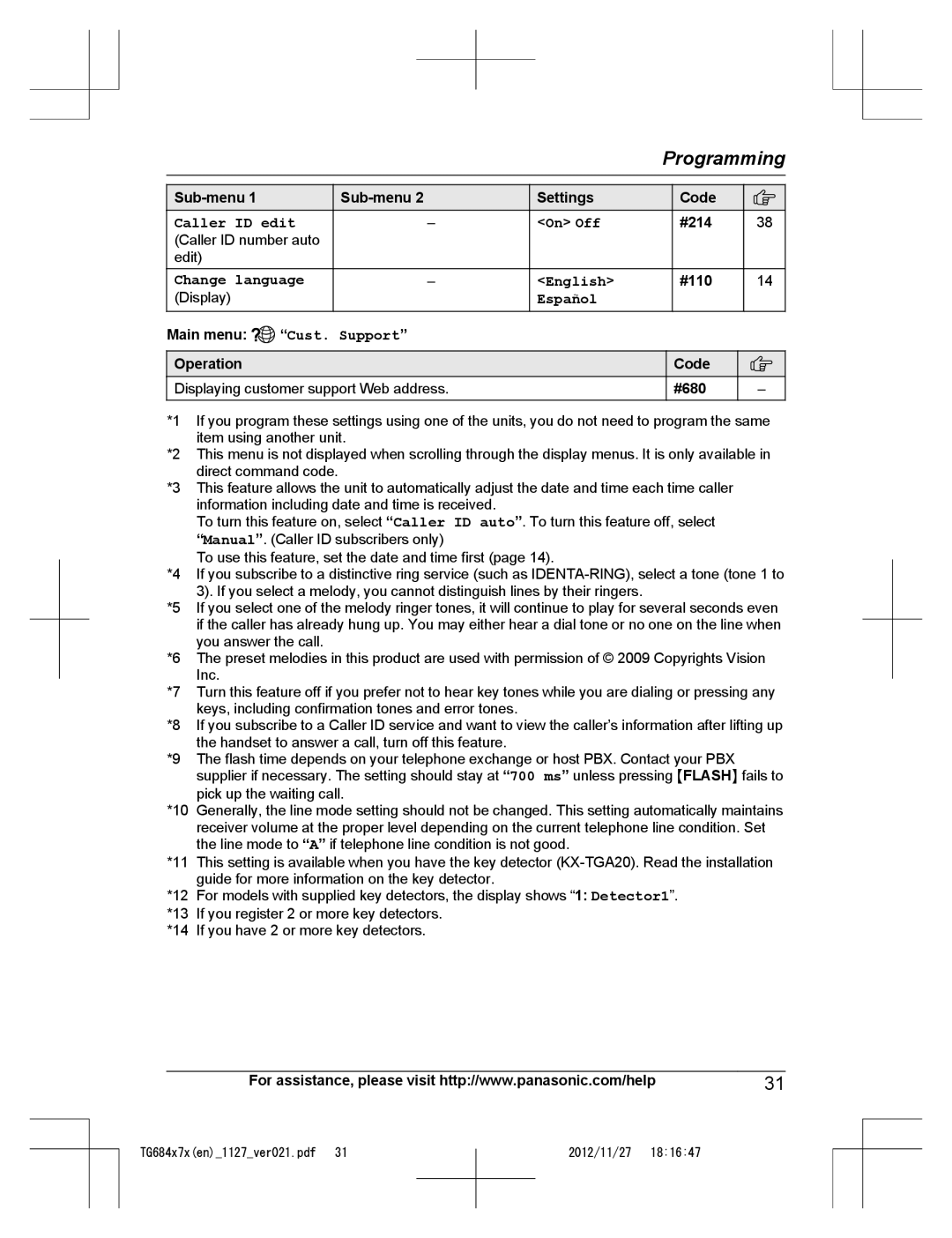 Panasonic KX-TG6872 Caller ID edit On Off, Change language English, Main menu Cust. Support Operation, Code #680 