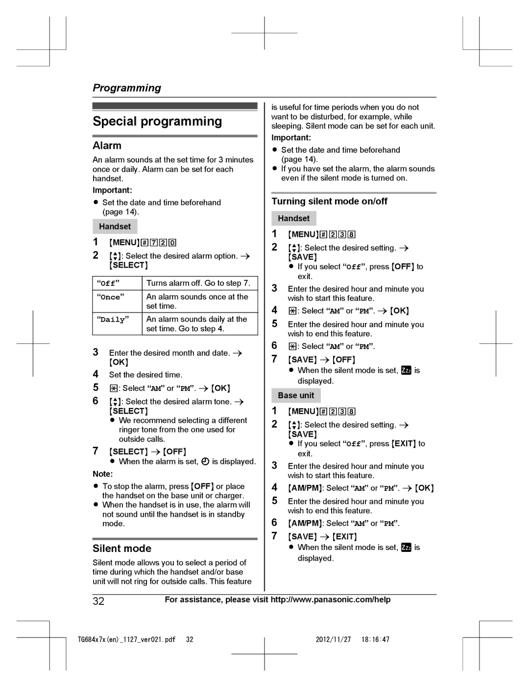 Panasonic KX-TG6842, KX-TG6873, KX-TG6872 Special programming, Alarm, Silent mode, Turning silent mode on/off, Off 