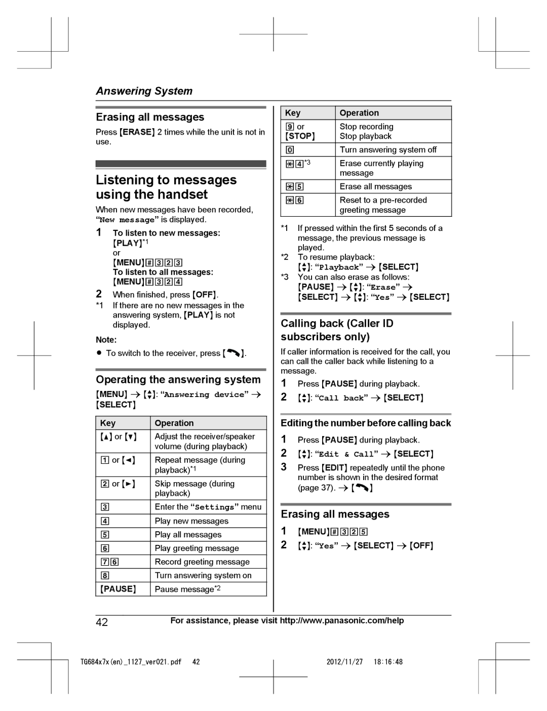 Panasonic KX-TG6873 Listening to messages using the handset, Erasing all messages, Calling back Caller ID subscribers only 