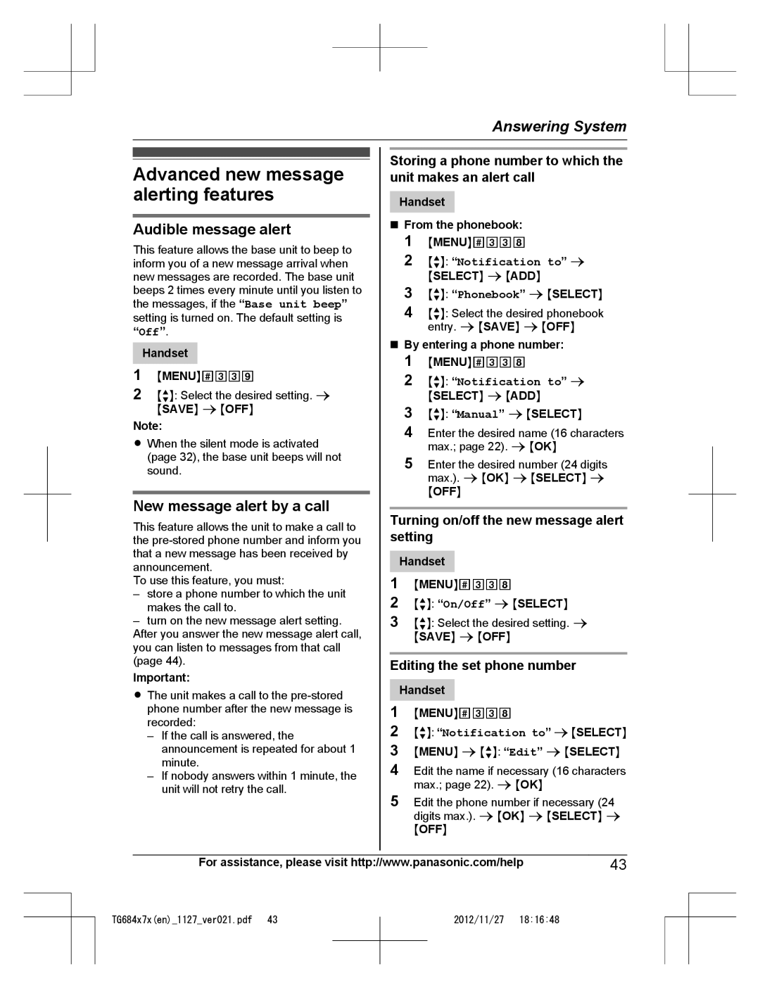 Panasonic KX-TG6872, KX-TG6873 Advanced new message alerting features, Audible message alert, New message alert by a call 