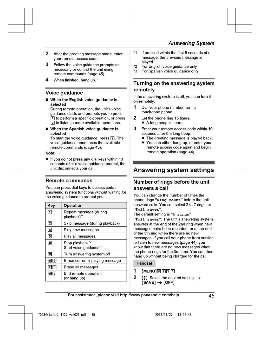 Panasonic KX-TG6845 Answering system settings, Voice guidance, Remote commands, Turning on the answering system remotely 