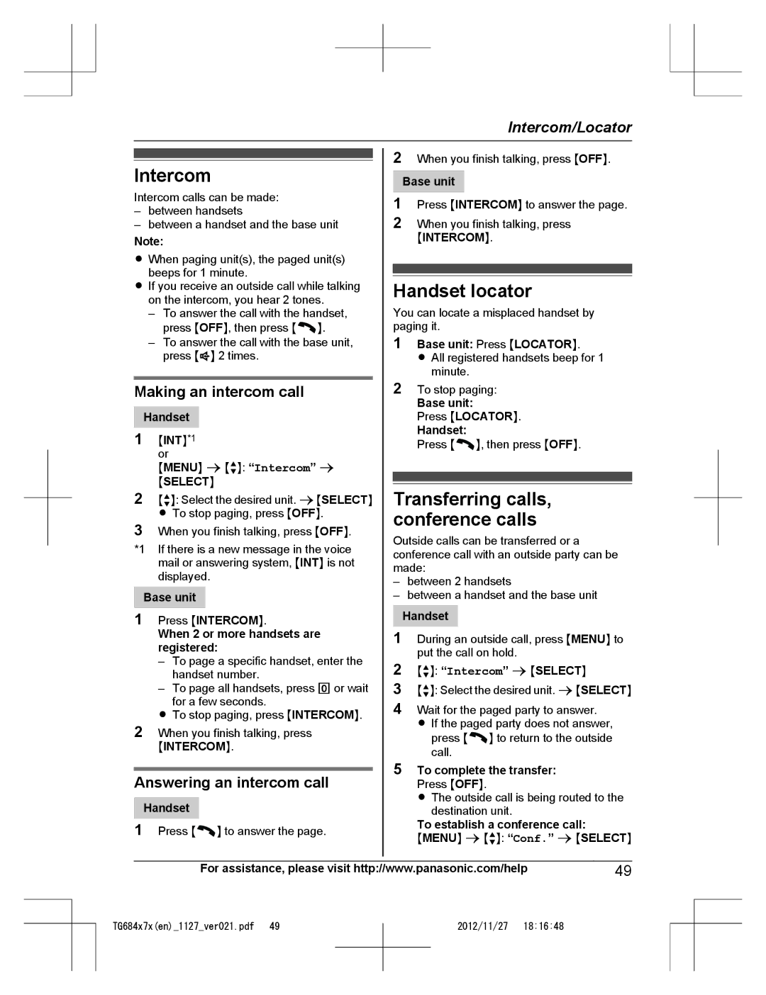 Panasonic KX-TG6872, KX-TG6873 Intercom, Handset locator, Transferring calls, conference calls, Making an intercom call 