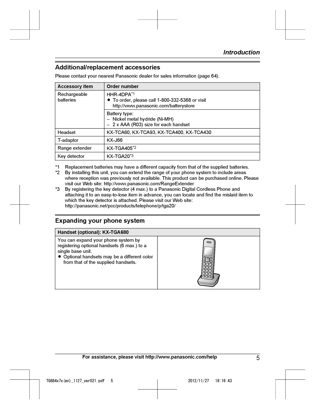 Panasonic KX-TG6843 Additional/replacement accessories, Expanding your phone system, Accessory item Order number 