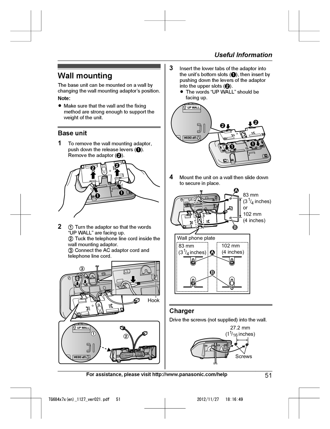 Panasonic KX-TG6845, KX-TG6873, KX-TG6872, KX-TG6842, KX-TG6844, KX-TG6843 operating instructions Wall mounting, Charger 