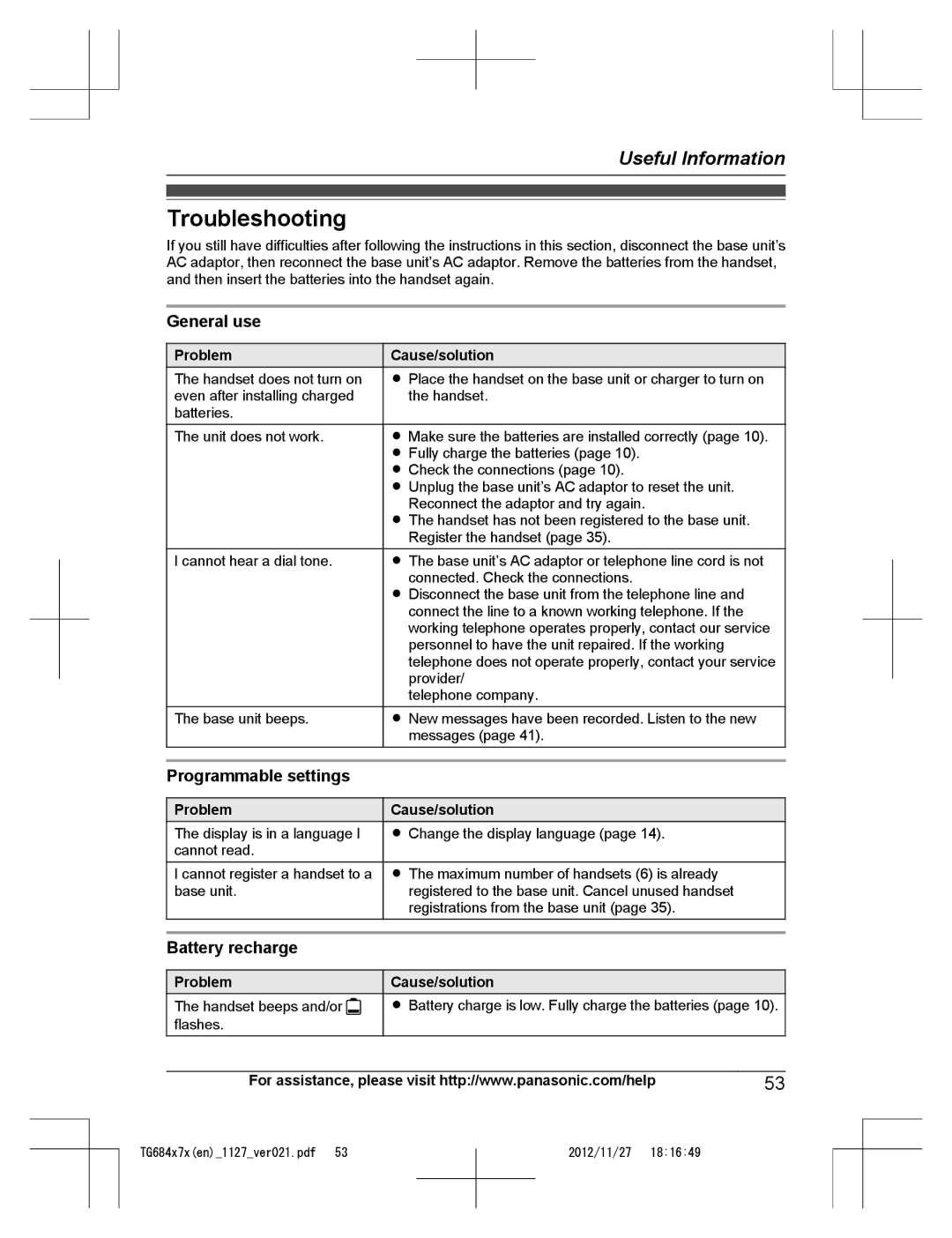 Panasonic KX-TG6843, KX-TG6873, KX-TG6872 Troubleshooting, General use, Programmable settings, Battery recharge, Problem 