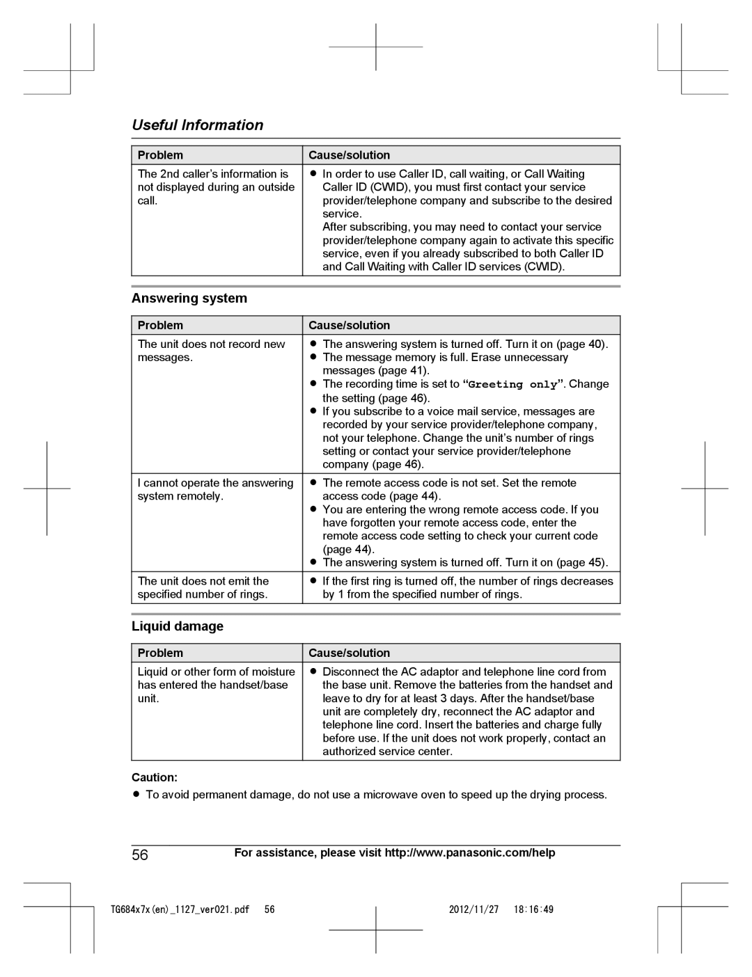 Panasonic KX-TG6842, KX-TG6873, KX-TG6872, KX-TG6845, KX-TG6844, KX-TG6843 Answering system, Liquid damage 