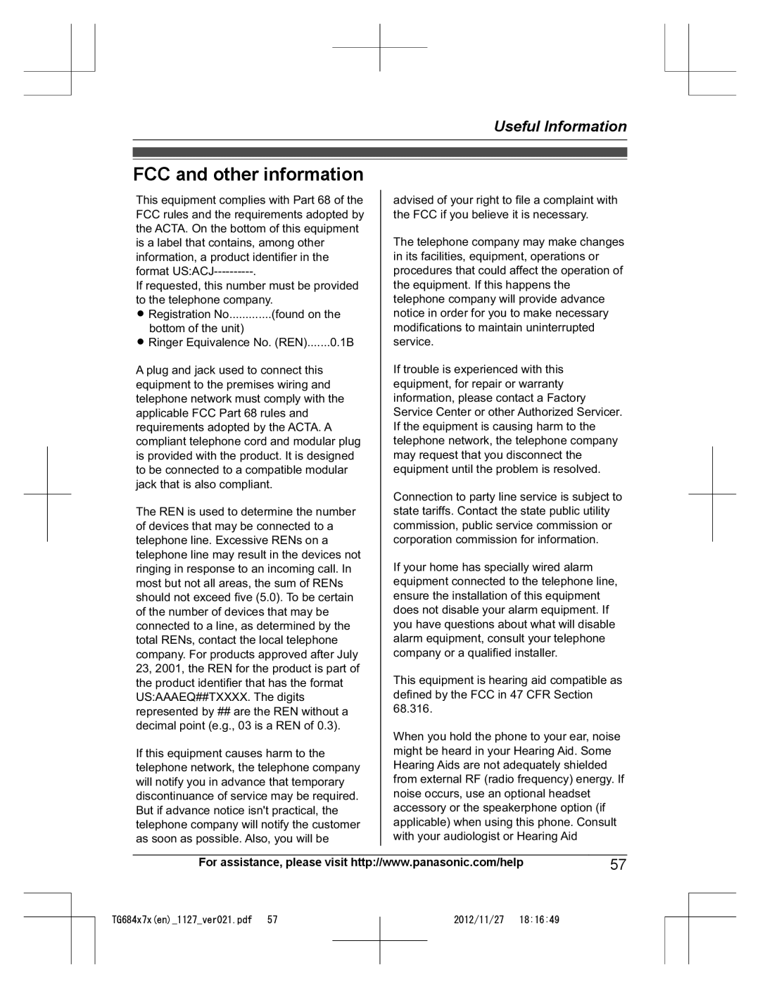 Panasonic KX-TG6845, KX-TG6873, KX-TG6872, KX-TG6842, KX-TG6844, KX-TG6843 operating instructions FCC and other information 