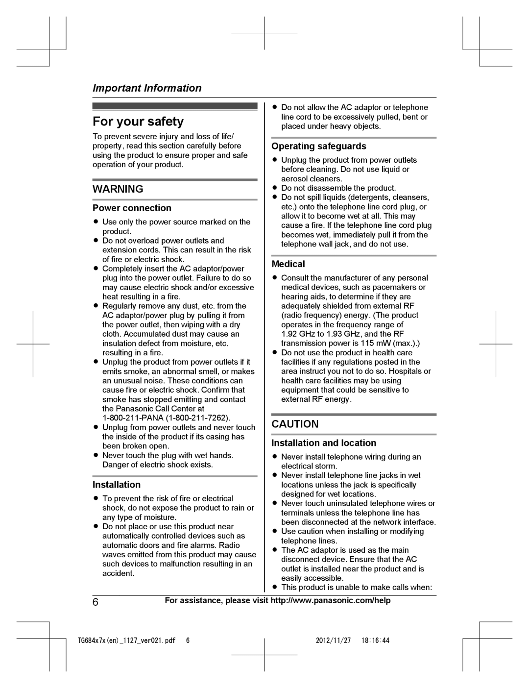 Panasonic KX-TG6873, KX-TG6872, KX-TG6842, KX-TG6845, KX-TG6844, KX-TG6843 operating instructions For your safety 