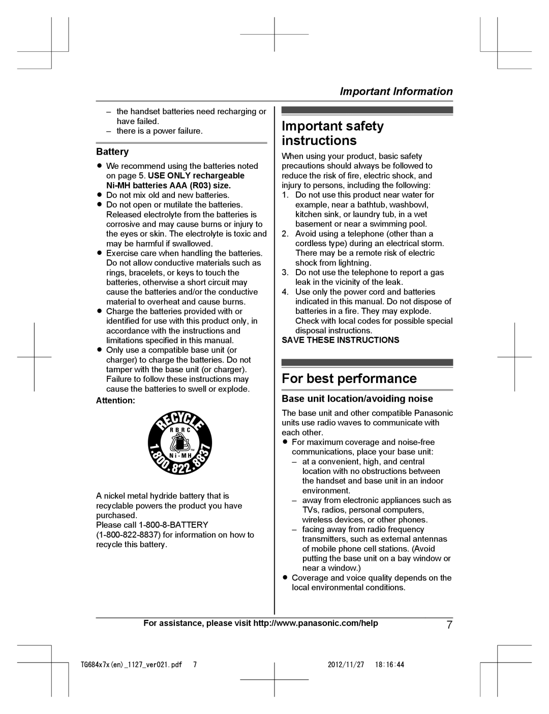 Panasonic KX-TG6872 Important safety instructions, For best performance, Battery, Base unit location/avoiding noise 