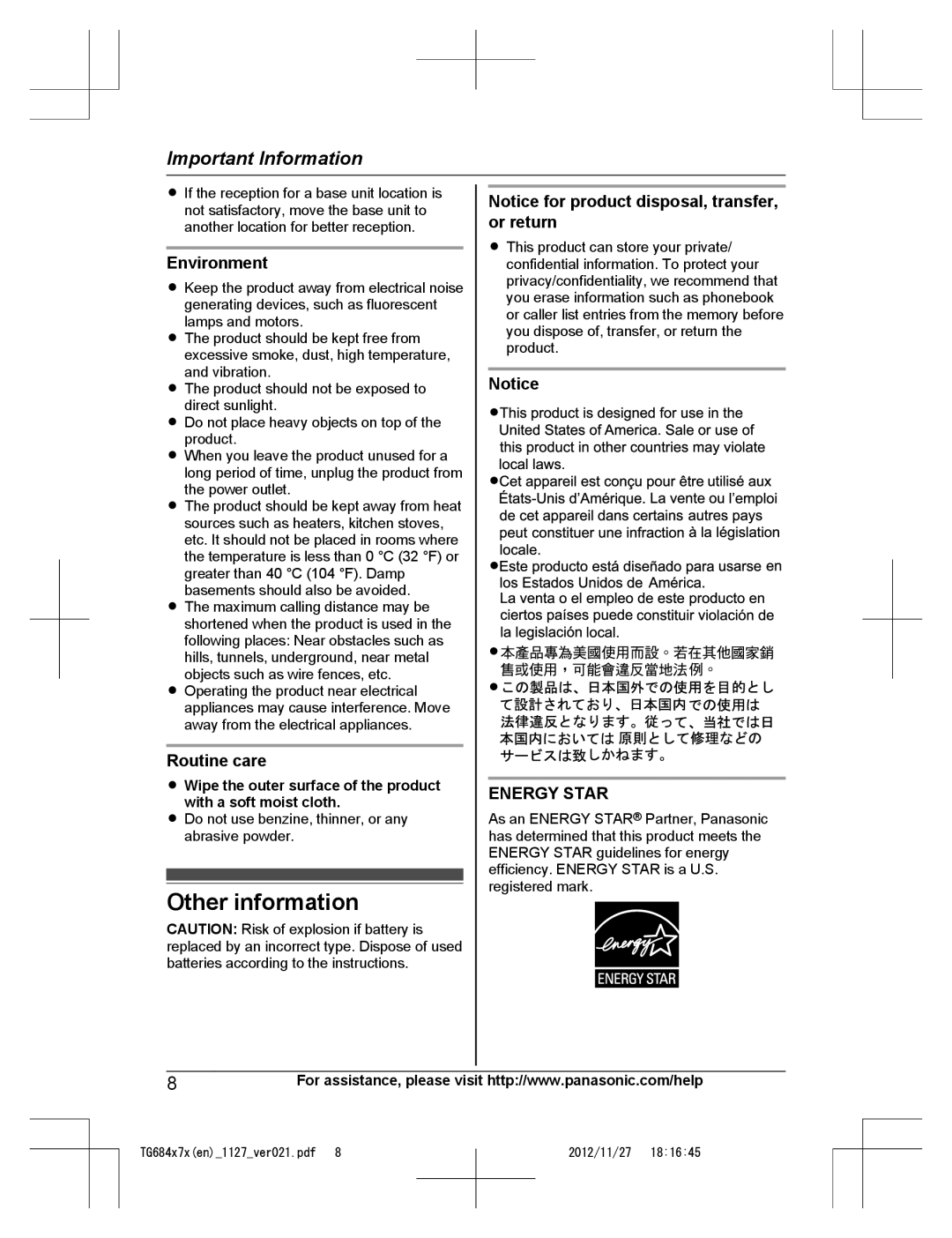 Panasonic KX-TG6842, KX-TG6873, KX-TG6872, KX-TG6845, KX-TG6844, KX-TG6843 Other information, Environment, Routine care 