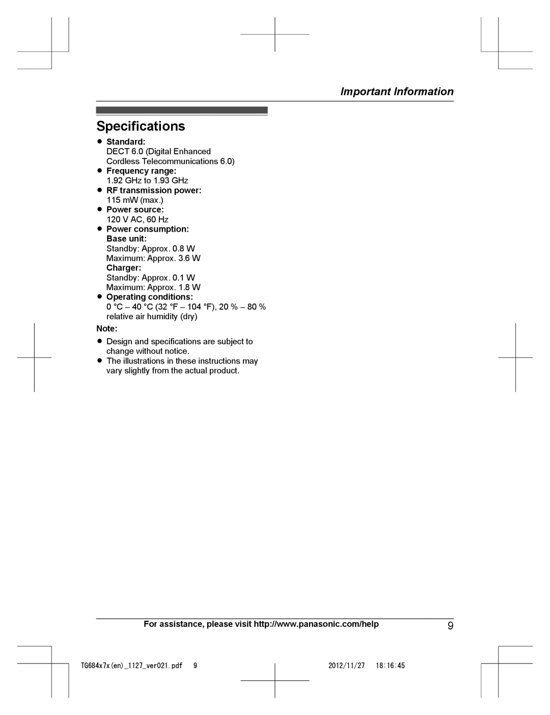 Panasonic KX-TG6845, KX-TG6873, KX-TG6872, KX-TG6842, KX-TG6844, KX-TG6843 operating instructions Specifications 