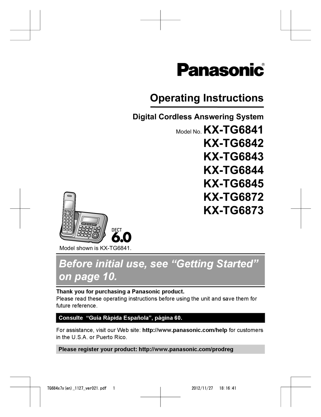 Panasonic KX-TG6872 operating instructions Digital Cordless Answering System, Thank you for purchasing a Panasonic product 