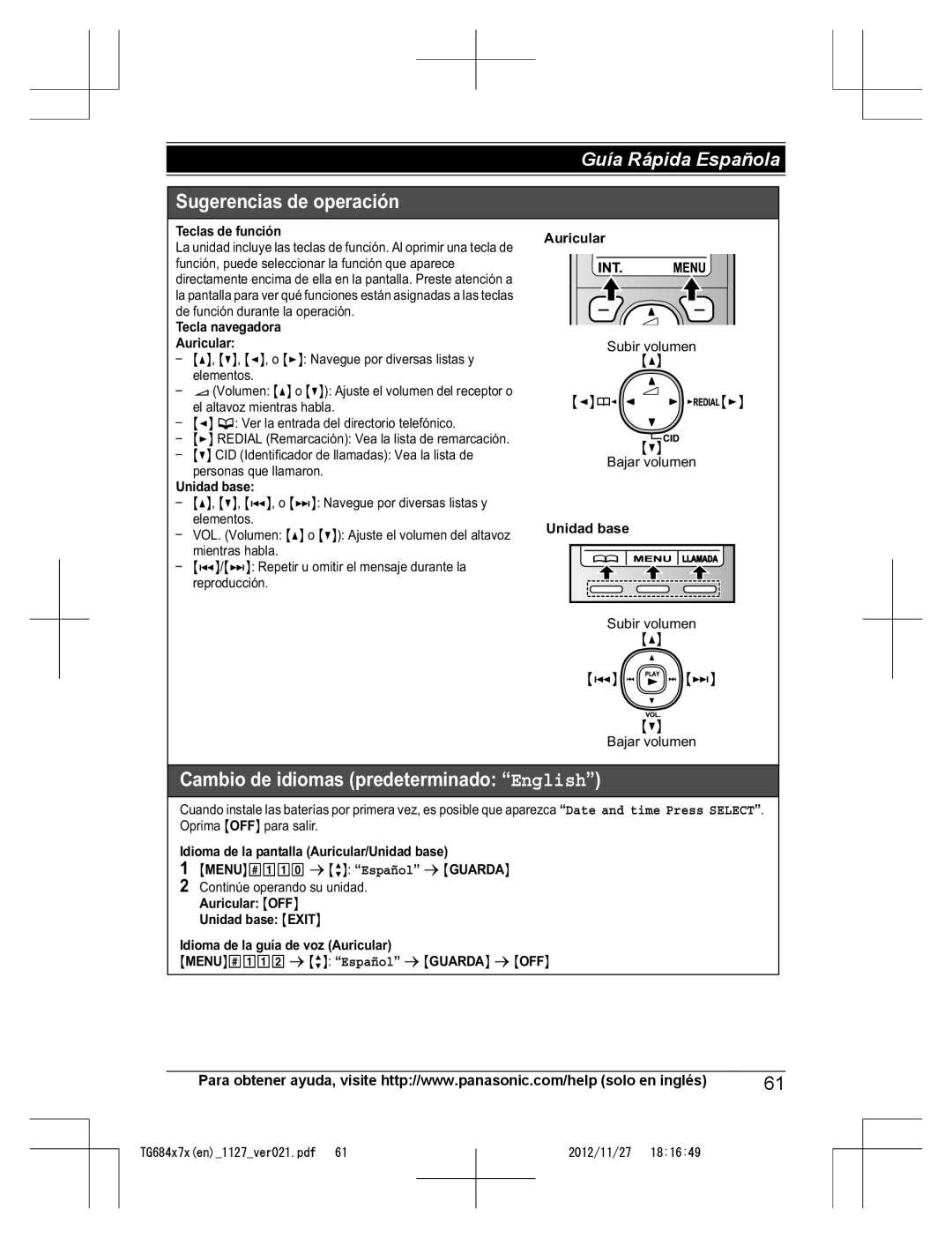 Panasonic KX-TG6872, KX-TG6873 Sugerencias de operación, Cambio de idiomas predeterminado “English”, Guía Rápida Española 