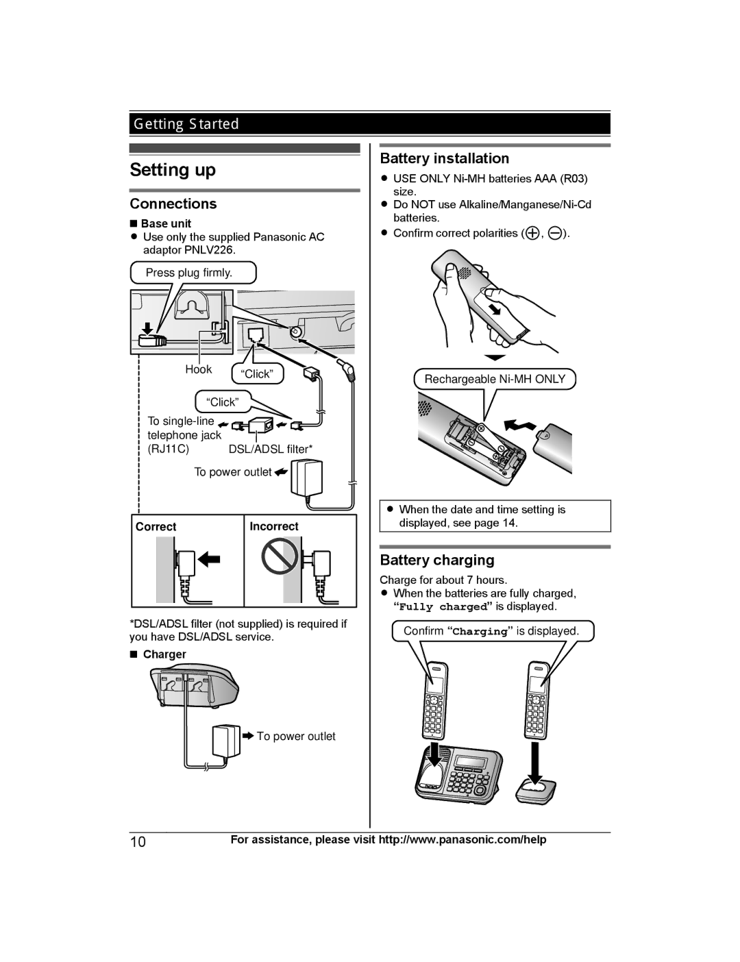 Panasonic KXTG6843B, KX-TG6873B Setting up, Connections, Battery installation, Battery charging, Correct Incorrect 