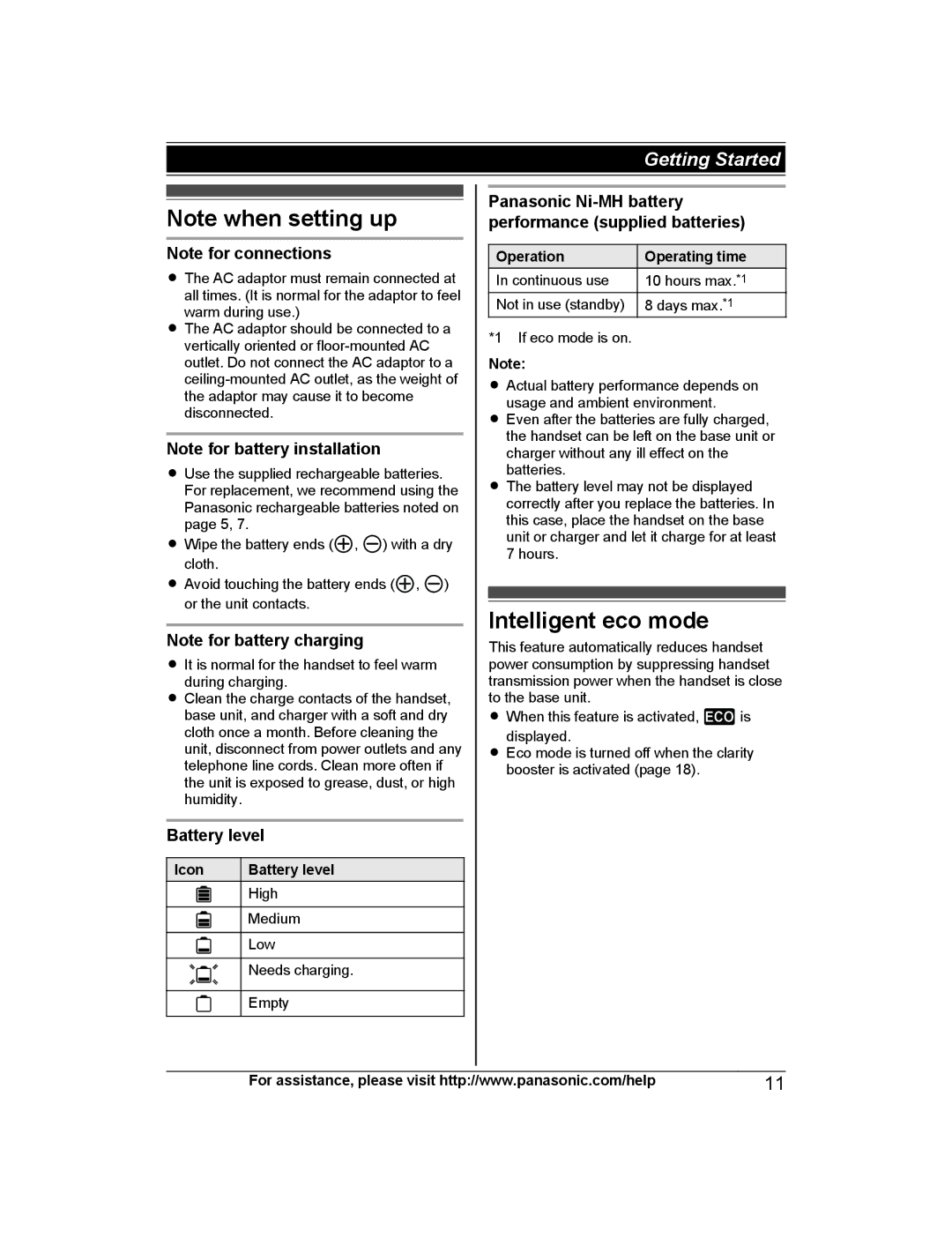 Panasonic KXTG6845B, KX-TG6873B, KXTG6842B, KXTG6843B Intelligent eco mode, Icon Battery level, Operation Operating time 