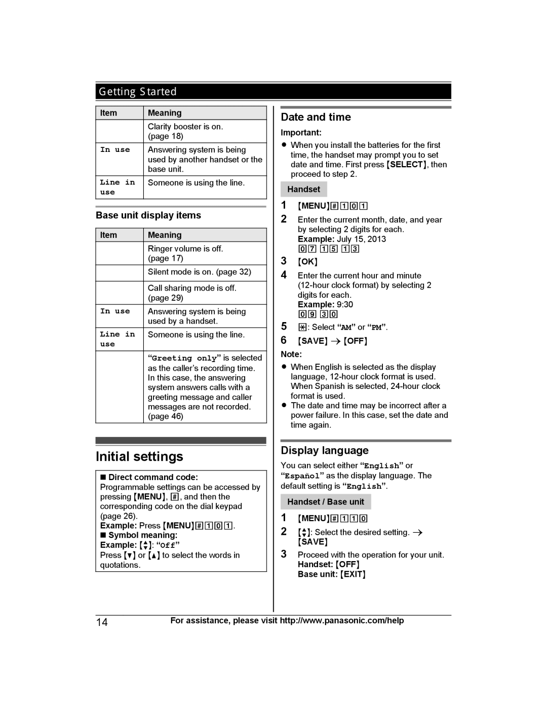 Panasonic KXTG6843B, KX-TG6873B, KXTG6842B Initial settings, Date and time, Display language, Base unit display items 