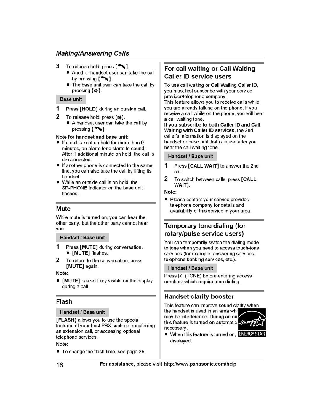 Panasonic KXTG6843B Mute, Flash, For call waiting or Call Waiting Caller ID service users, Handset clarity booster 