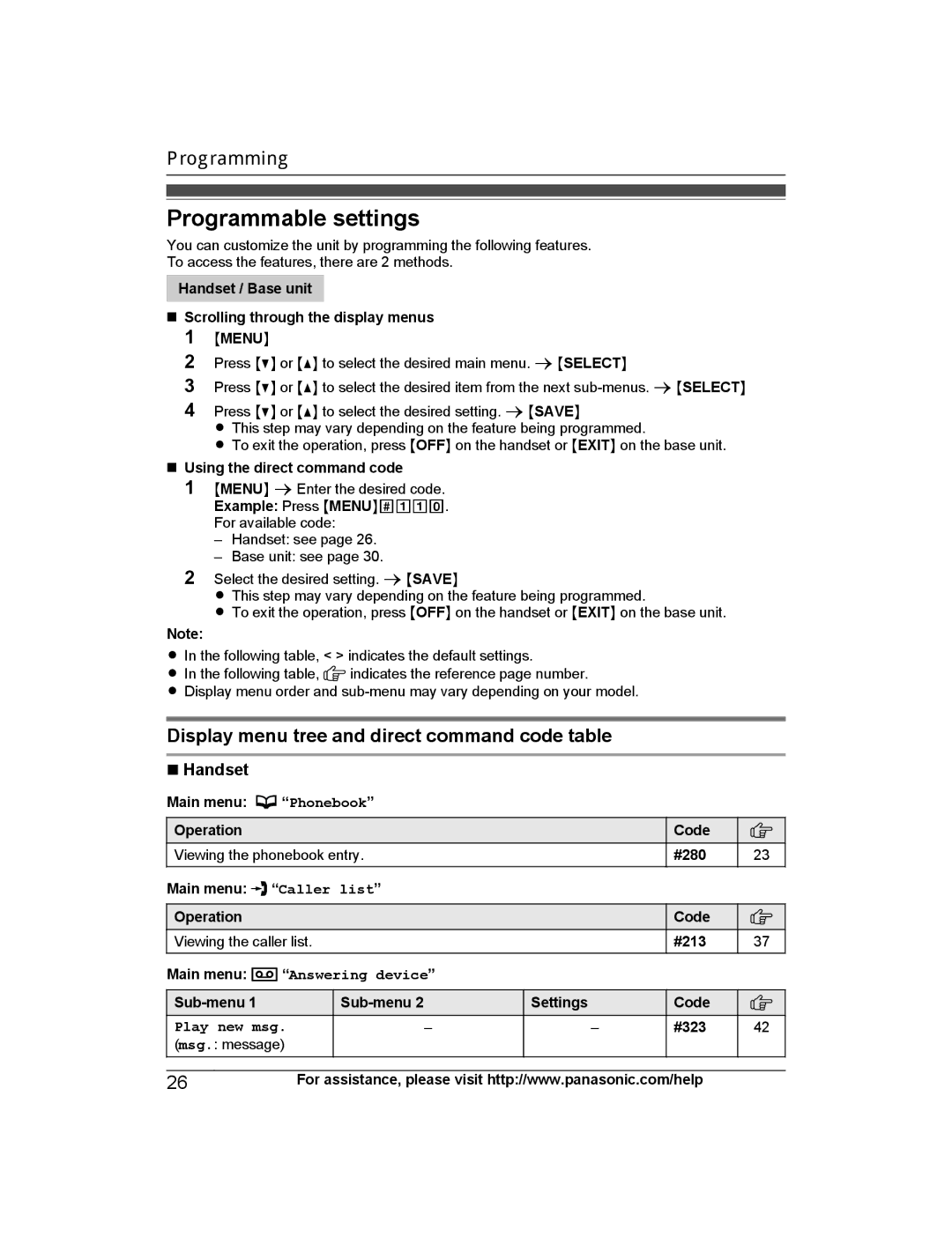 Panasonic KXTG6843B Programmable settings, Display menu tree and direct command code table, Handset, Play new msg 