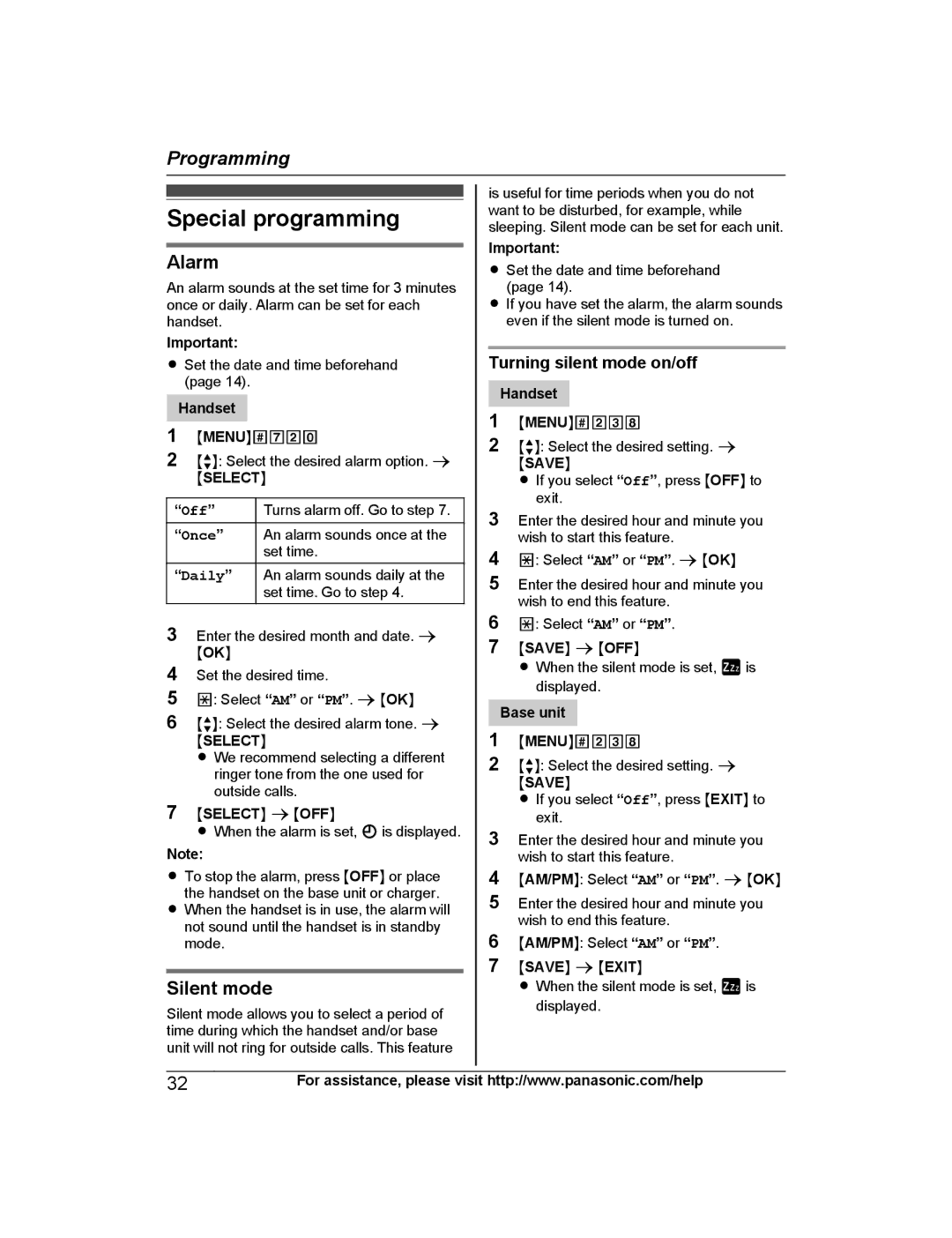 Panasonic KX-TG6873B, KXTG6842B, KXTG6843B Special programming, Alarm, Silent mode, Turning silent mode on/off, Off 