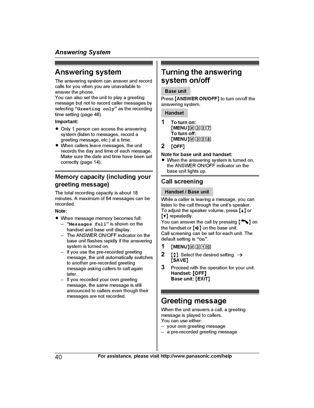 Panasonic KX-TG6873B, KXTG6842B Answering system, Turning the answering system on/off, Greeting message, Call screening 