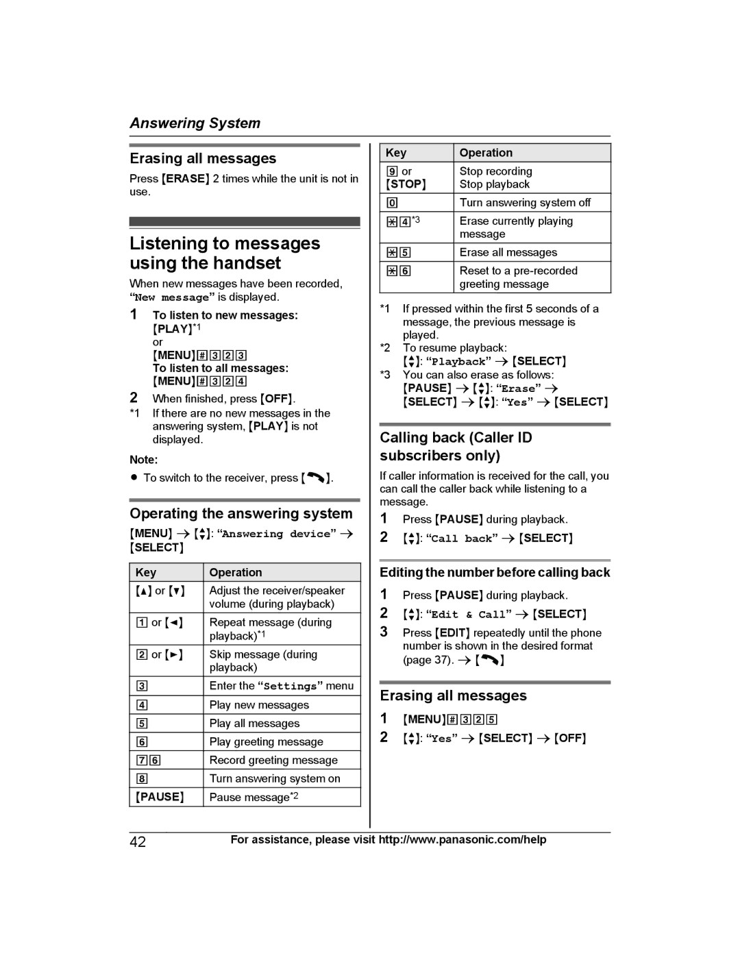 Panasonic KXTG6843B Listening to messages using the handset, Erasing all messages, Calling back Caller ID subscribers only 