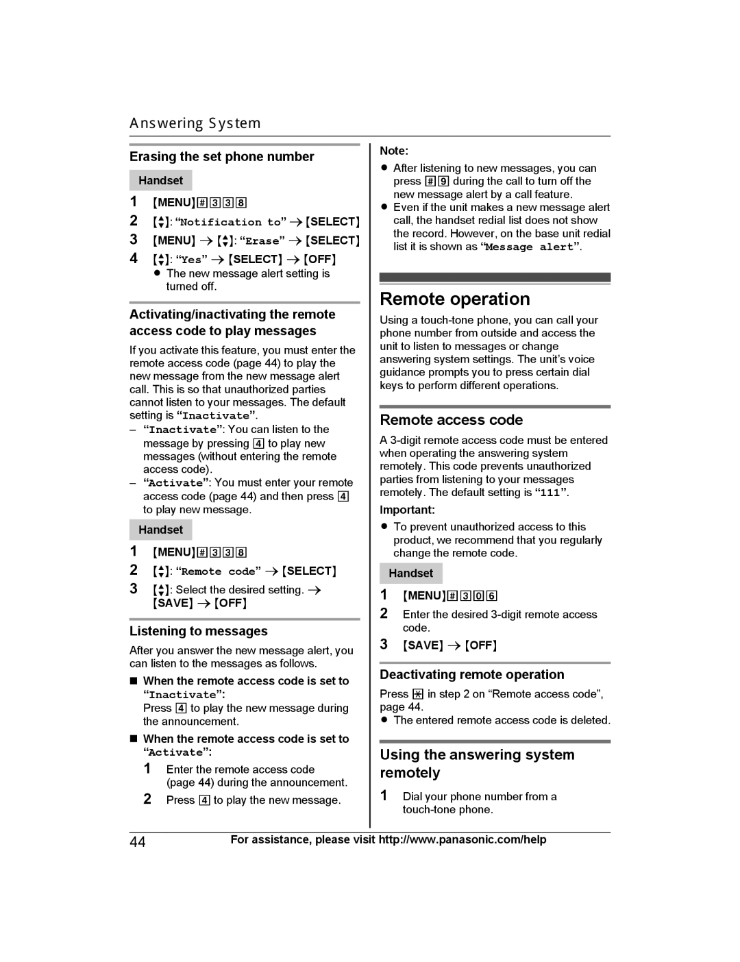 Panasonic KX-TG6873B, KXTG6842B, KXTG6843B Remote operation, Remote access code, Using the answering system remotely 