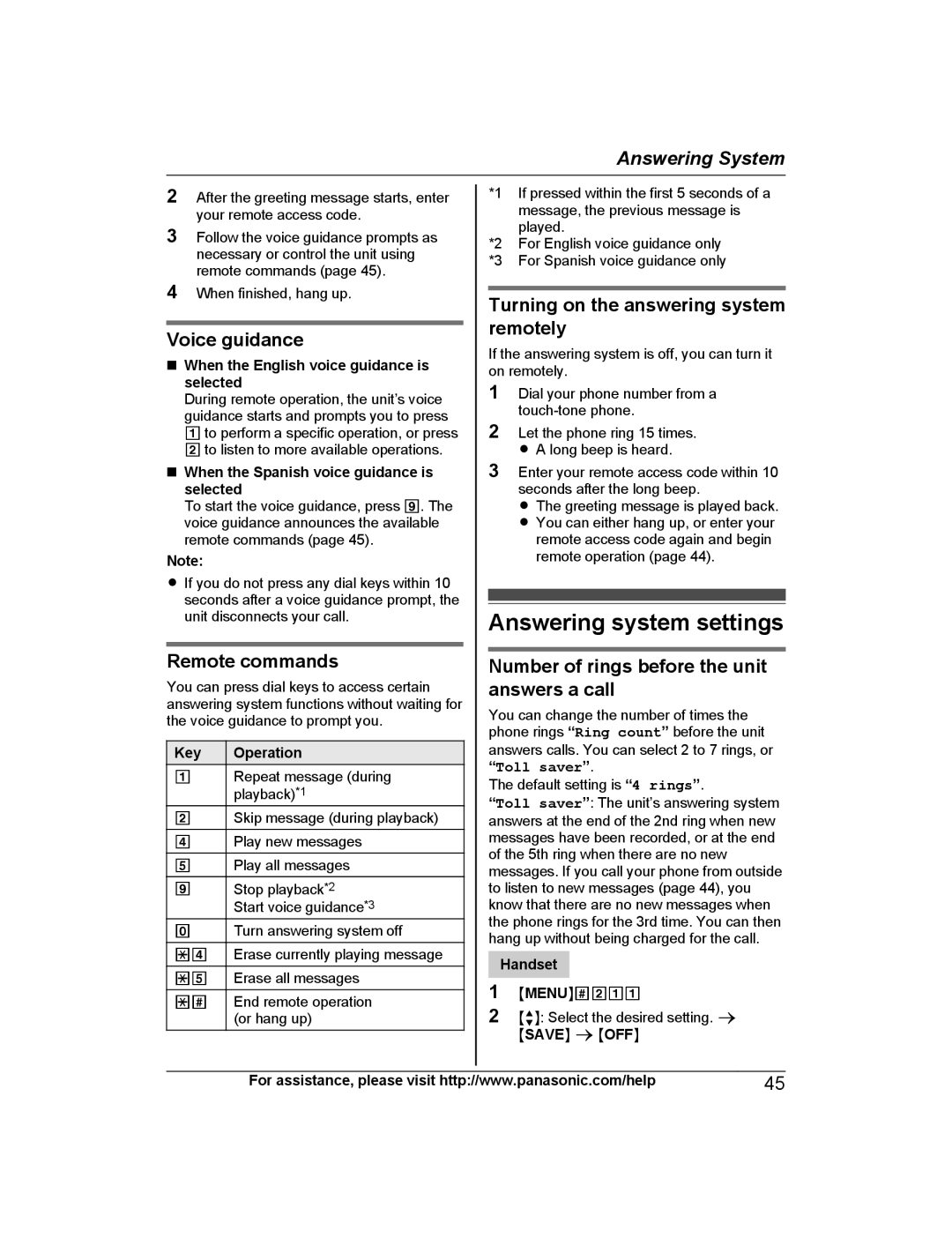 Panasonic KXTG6842B Answering system settings, Voice guidance, Remote commands, Turning on the answering system remotely 