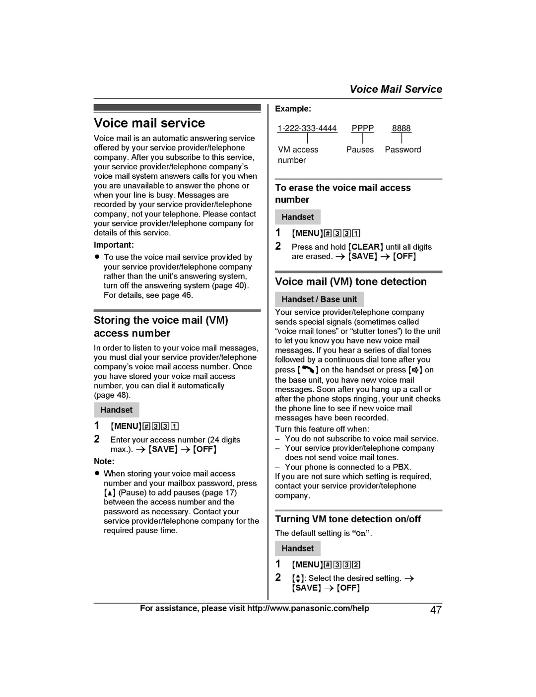 Panasonic KXTG6845B, KX-TG6873B Voice mail service, Storing the voice mail VM access number, Voice mail VM tone detection 