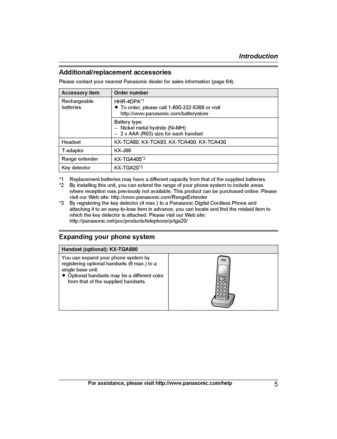 Panasonic KXTG6842B Additional/replacement accessories, Expanding your phone system, Accessory item Order number 