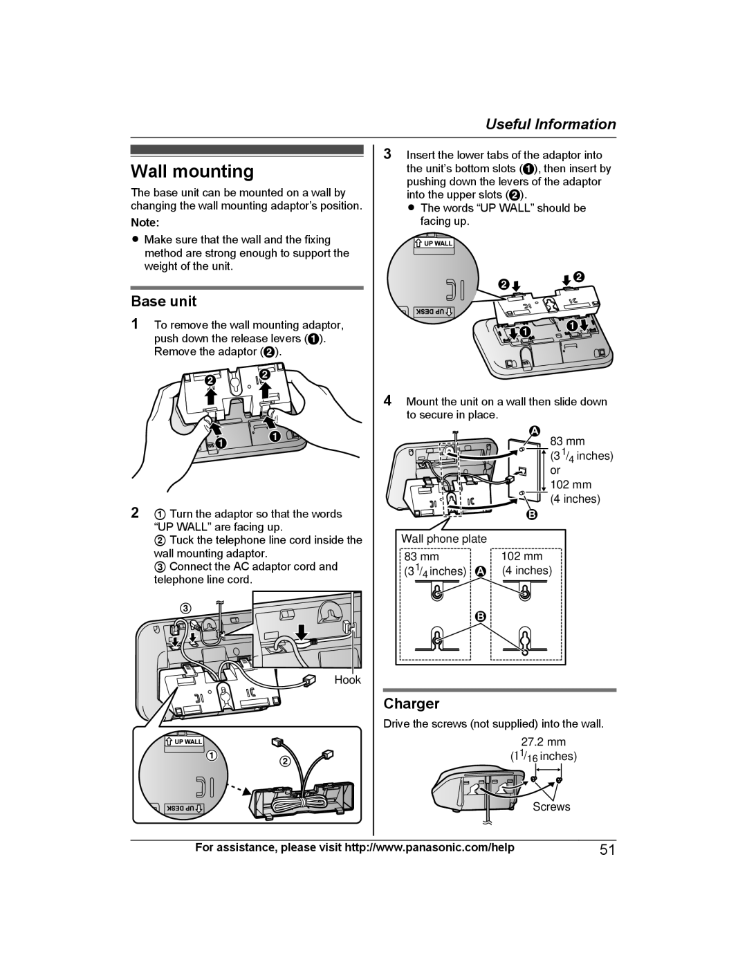 Panasonic KXTG6845B, KX-TG6873B, KXTG6842B, KXTG6843B operating instructions Wall mounting, Charger 