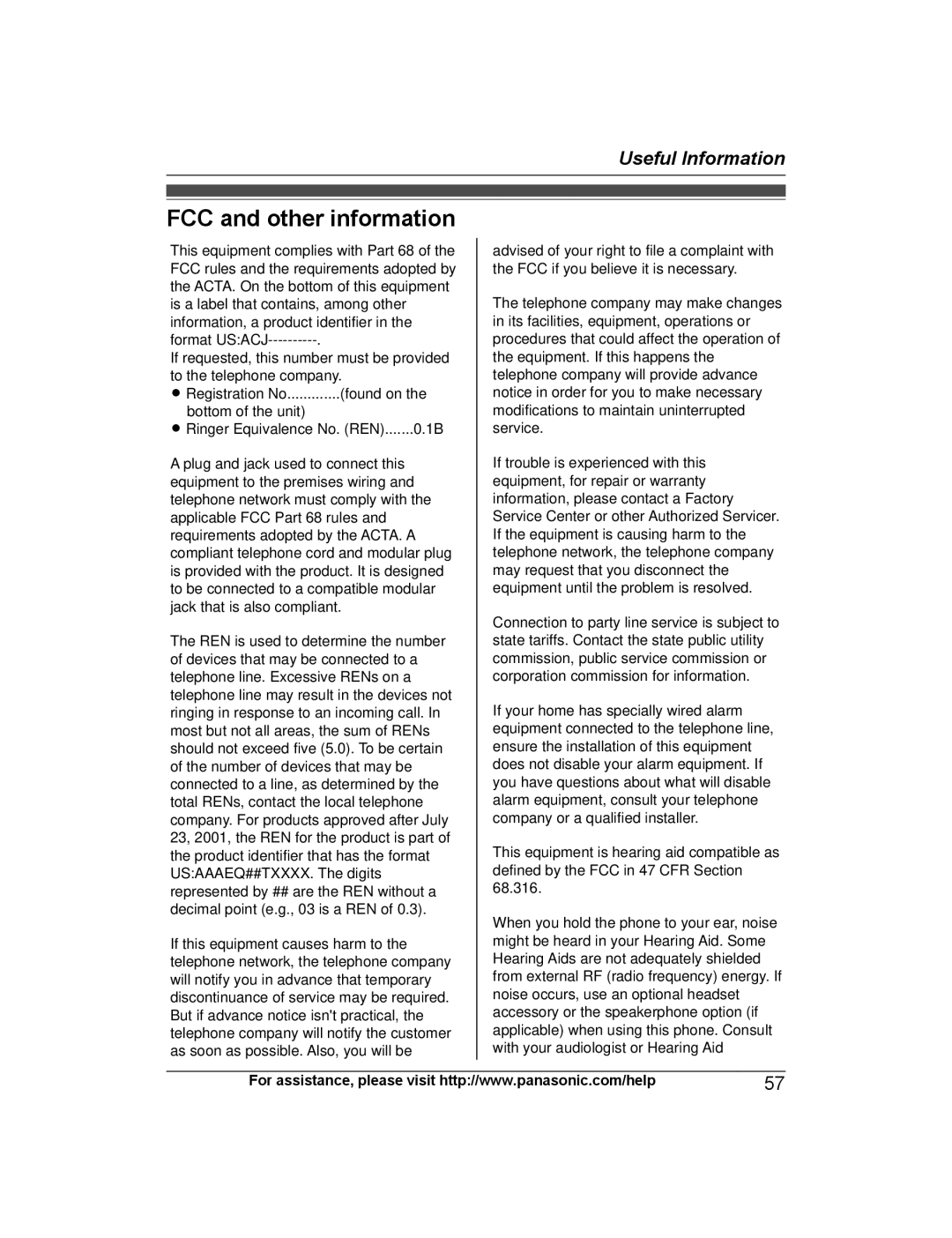 Panasonic KXTG6842B, KX-TG6873B, KXTG6843B, KXTG6845B operating instructions FCC and other information 