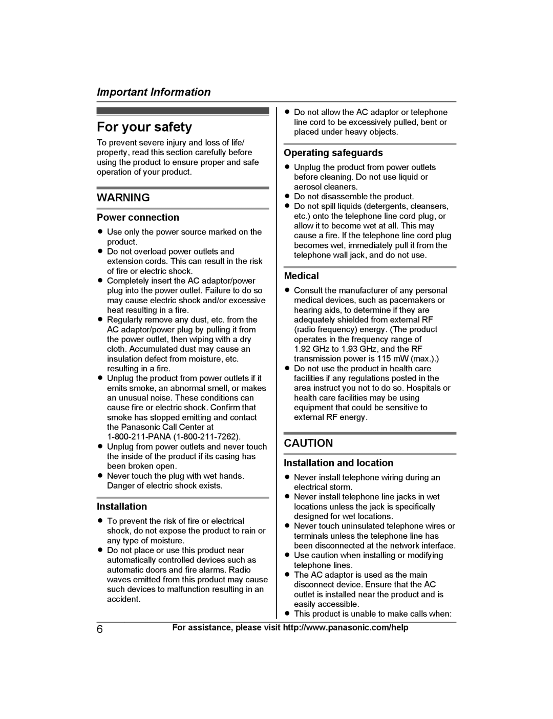 Panasonic KXTG6843B, KX-TG6873B, KXTG6842B, KXTG6845B operating instructions For your safety 