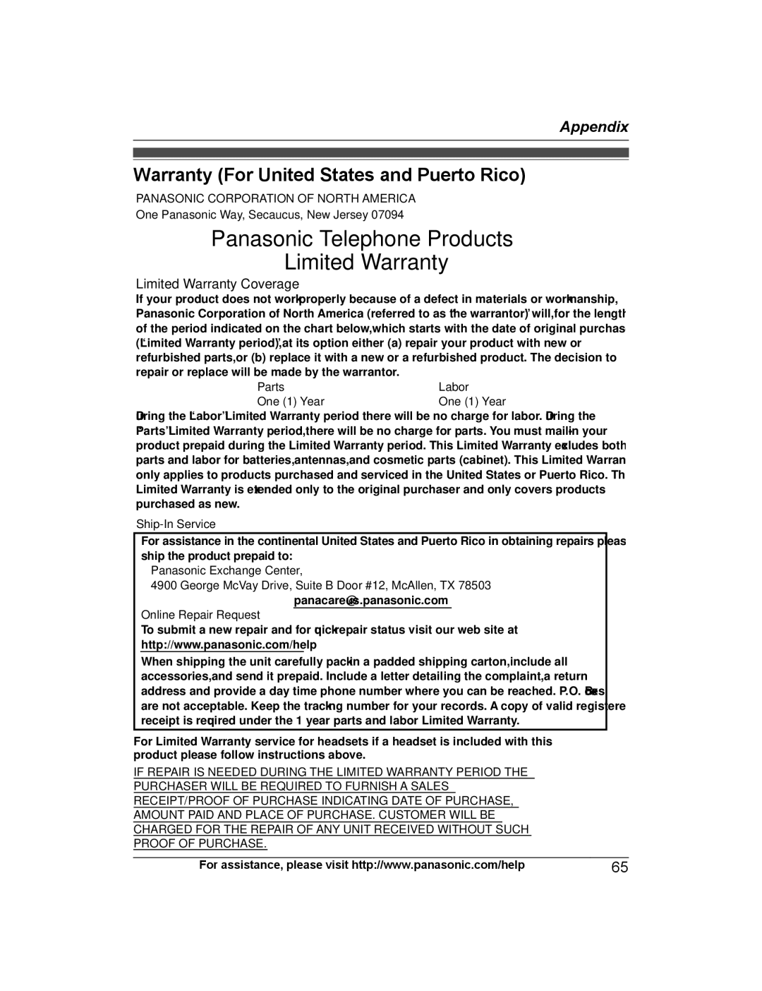 Panasonic KXTG6842B, KX-TG6873B, KXTG6843B, KXTG6845B Warranty For United States and Puerto Rico, Limited Warranty Coverage 