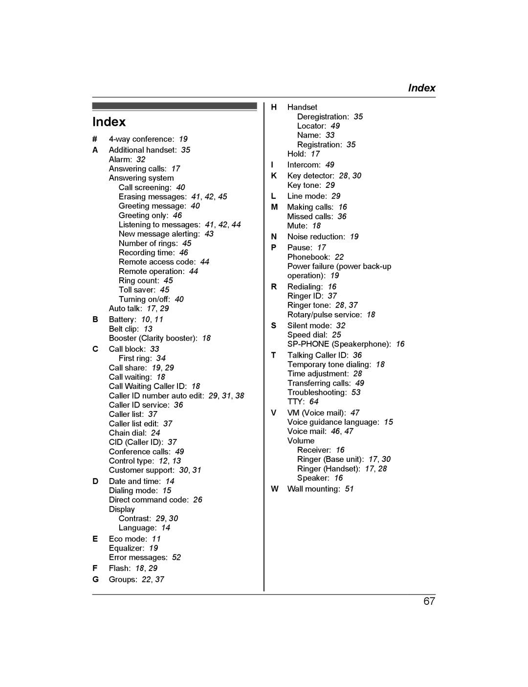 Panasonic KXTG6845B, KX-TG6873B, KXTG6842B, KXTG6843B operating instructions Index 